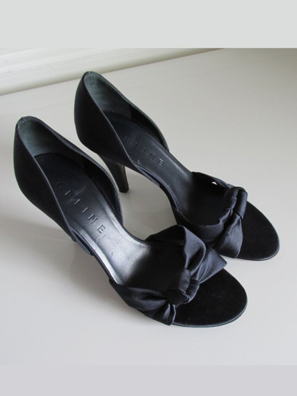 Elegant Celine navy satin peep-toe sandals